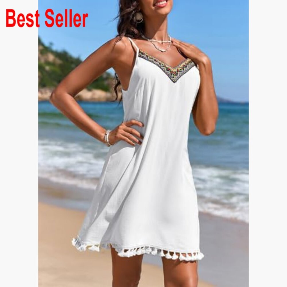 Polyester V-Neck Spaghetti Strap Embroidered Sund… - image 4